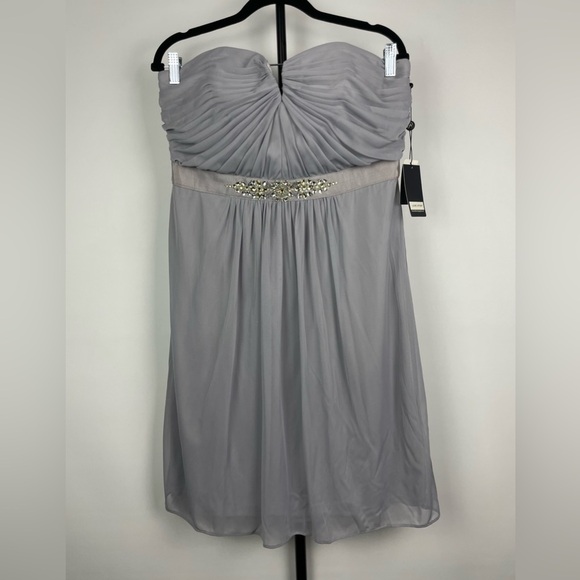 Adrianna Papell Gray Jeweled Waistband Strapless Flowy Chiffon Mini Dress